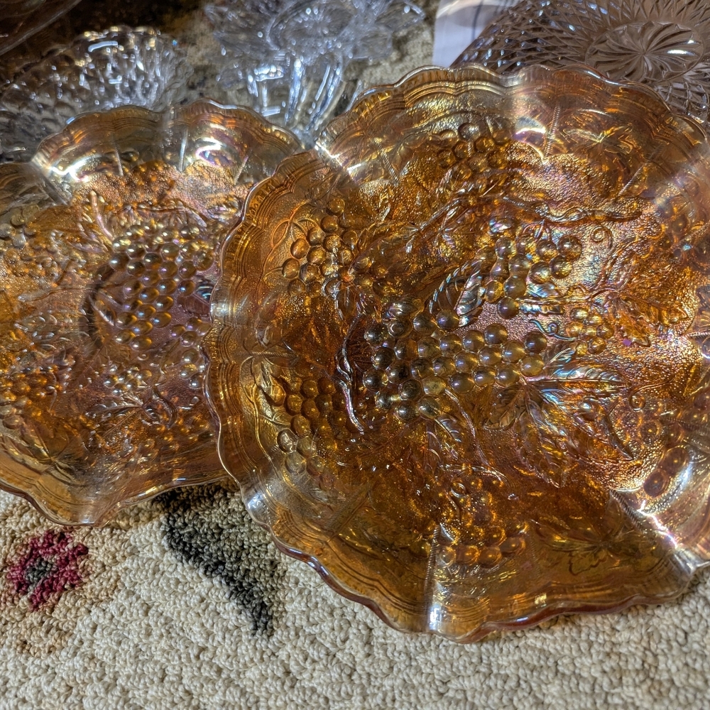 Vintage Marigold Carnival Glass Dish Set Of 2 With Grape And Leaf Pattern